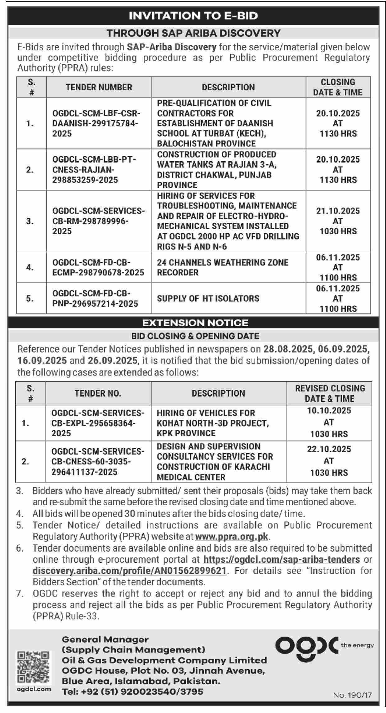 Oil & Gas Development Company Limited Islamabad Tender Notice